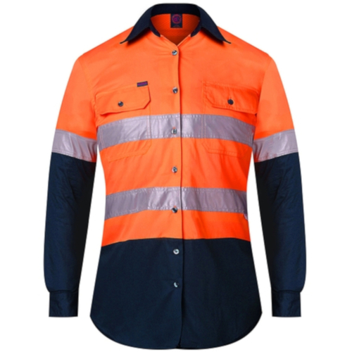 WORKWEAR, SAFETY & CORPORATE CLOTHING SPECIALISTS Ladies 2 Tone Vented Light Weight Open Front L/S Shirt with 3M 8910 Reflective Tape