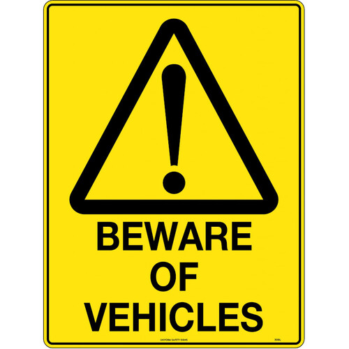 WORKWEAR, SAFETY & CORPORATE CLOTHING SPECIALISTS - 240x180mm - Self Adhesive - Blk/Ylw - Beware of Vehicles