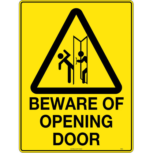 WORKWEAR, SAFETY & CORPORATE CLOTHING SPECIALISTS - 240x180mm - Self Adhesive - Blk/Ylw - Caution Beware of Opening  Door