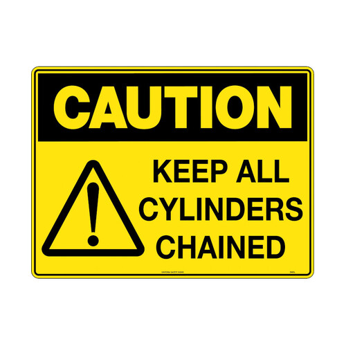 WORKWEAR, SAFETY & CORPORATE CLOTHING SPECIALISTS - 240x180mm - Self Adhesive - Blk/Ylw - Caution Keep All Cylinders Chained