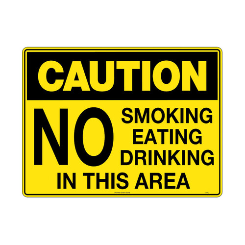 WORKWEAR, SAFETY & CORPORATE CLOTHING SPECIALISTS - 240x180mm - Self Adhesive - Blk/Ylw - Caution No Smoking, Eating or Drinking in This Area