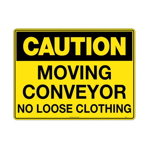 WORKWEAR, SAFETY & CORPORATE CLOTHING SPECIALISTS - 240x180mm - Self Adhesive - Blk/Ylw - Caution Moving Conveyor No Loose Clothing