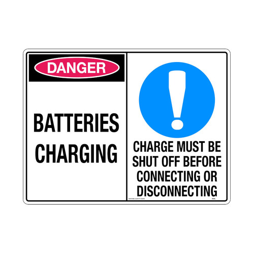 WORKWEAR, SAFETY & CORPORATE CLOTHING SPECIALISTS - 450x300mm - Metal - Multi Sign - Danger Batteries Charging / Charge Must Be Shut Off Before Connecti