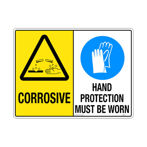 WORKWEAR, SAFETY & CORPORATE CLOTHING SPECIALISTS - 240x180mm - Self Adhesive - Multi Sign - Corrosive / Hand Protection Must Be Worn