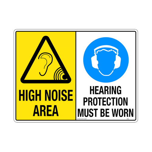 WORKWEAR, SAFETY & CORPORATE CLOTHING SPECIALISTS - 600x400mm - Metal - Multi Sign - High Noise Area/Hearing Protection Must Be Worn