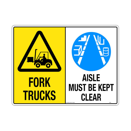 WORKWEAR, SAFETY & CORPORATE CLOTHING SPECIALISTS - 600x400mm - Metal - Multi Sign - Fork Trucks/Aisle Must Be Kept Clear