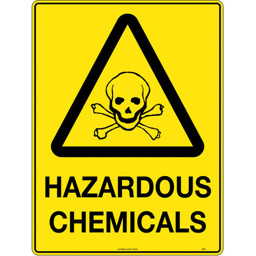 WORKWEAR, SAFETY & CORPORATE CLOTHING SPECIALISTS - 240x180mm - Self Adhesive - Blk/Ylw - Caution Hazardous Chemicals