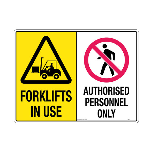 WORKWEAR, SAFETY & CORPORATE CLOTHING SPECIALISTS - 600x400mm - Metal - Multi Sign - Forklifts In Use/Authorised Personnel Only