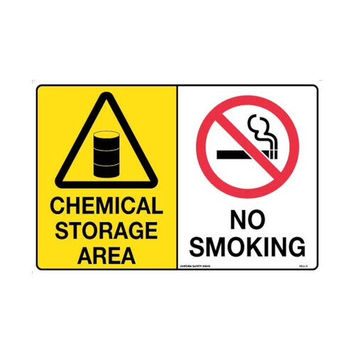 WORKWEAR, SAFETY & CORPORATE CLOTHING SPECIALISTS - 600x400mm - Metal - Multi Sign - Chemical Storage Area/No Smoking