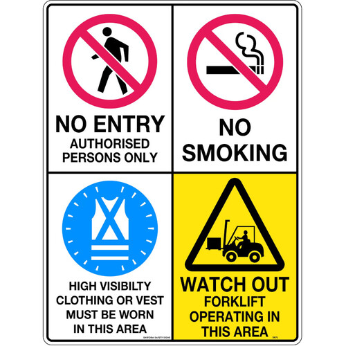 WORKWEAR, SAFETY & CORPORATE CLOTHING SPECIALISTS - 600x400mm - Corflute - Multi Sign - No Entry / No Smoking / Hi Visibility / Watch Out For Forklifts