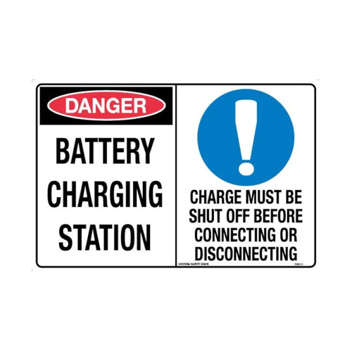 WORKWEAR, SAFETY & CORPORATE CLOTHING SPECIALISTS - 450x300mm - Metal - Danger Battery Charging Station / Charge Must Be Shut Off Before Connecting or D