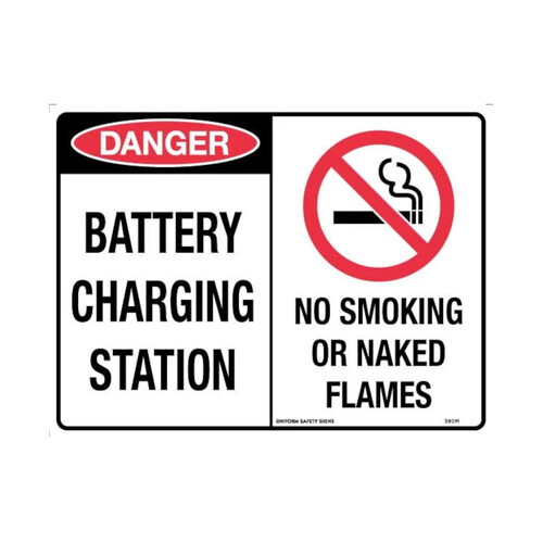 WORKWEAR, SAFETY & CORPORATE CLOTHING SPECIALISTS - 300x225mm - Metal - Danger Battery Charging Station / No Smoking or Naked Flames