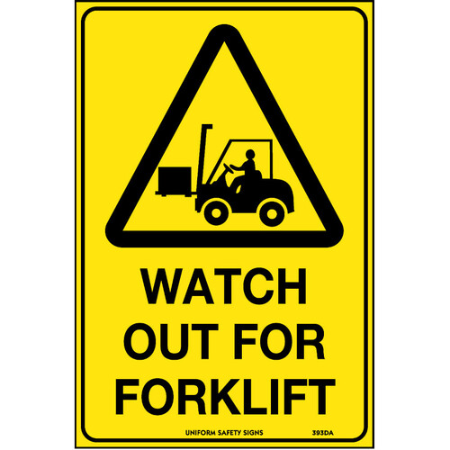 WORKWEAR, SAFETY & CORPORATE CLOTHING SPECIALISTS - 240x180mm - Self Adhesive - Watch Out For Forklift (With Picto In Triangle)