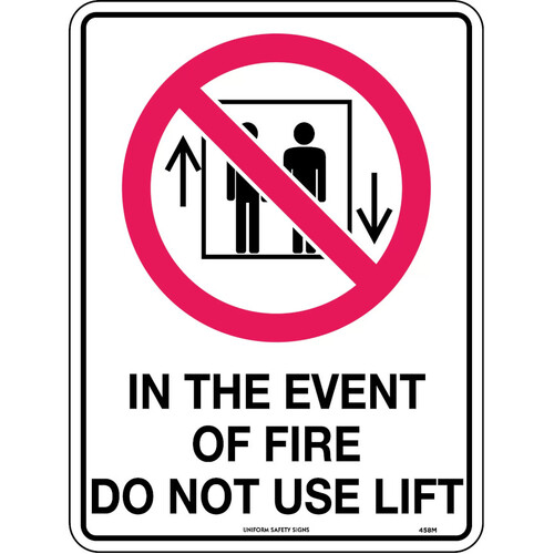 WORKWEAR, SAFETY & CORPORATE CLOTHING SPECIALISTS - 240x180mm - Self Adhesive - In Event of Fire Do Not Use Lift