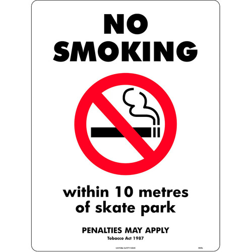 WORKWEAR, SAFETY & CORPORATE CLOTHING SPECIALISTS - 240x180mm - Self Adhesive - No Smoking, Within 10 Metres Of Skate Park (Penalties May Apply) Tobacco