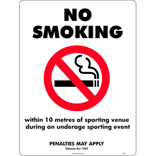 WORKWEAR, SAFETY & CORPORATE CLOTHING SPECIALISTS - 450x300mm - Metal - No Smoking, Within 10 Metres Of Sporting Venue During an Underage Sporting Event