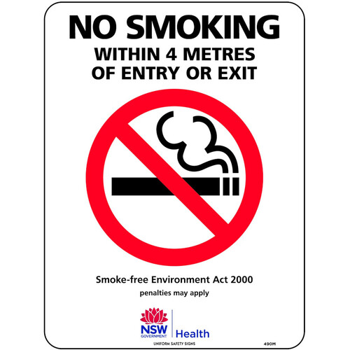 WORKWEAR, SAFETY & CORPORATE CLOTHING SPECIALISTS - 600x400mm - Metal - No Smoking Within 4 Metres of Entry or Exit (NSW Standard)