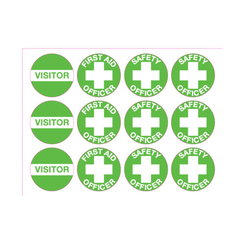 WORKWEAR, SAFETY & CORPORATE CLOTHING SPECIALISTS - 50mm Disc - Self Adhesive - Sheet of 12 - First Aid Assorted Hard Hat Labels