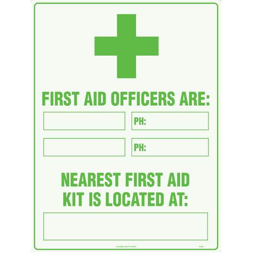 WORKWEAR, SAFETY & CORPORATE CLOTHING SPECIALISTS - 600x400mm - Metal - First Aid Officers are: Nearest First Aid Kit is Located At: