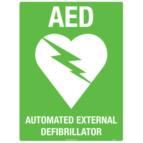 WORKWEAR, SAFETY & CORPORATE CLOTHING SPECIALISTS - 300x225mm - Metal - (White/Green) AED with Symbol