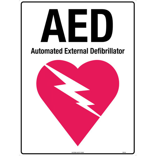 WORKWEAR, SAFETY & CORPORATE CLOTHING SPECIALISTS - 240x180mm - Self Adhesive - (Black,Red/White) AED with Symbol