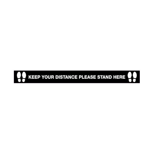 WORKWEAR, SAFETY & CORPORATE CLOTHING SPECIALISTS - 1500x150mm - Anti Slip Floor Graphics - Carpet - Keep Your Distance, Please Stand Here (Blk/Wht with feet picto)