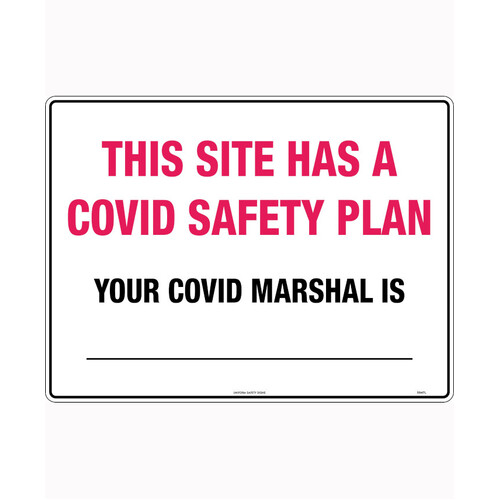 WORKWEAR, SAFETY & CORPORATE CLOTHING SPECIALISTS 600x400mm - Corflute - This Site Has a Covid Safety Plan, Your Covid Marshal is _