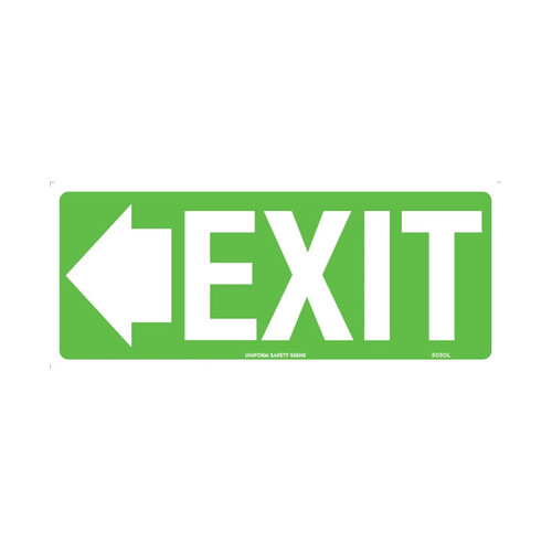 WORKWEAR, SAFETY & CORPORATE CLOTHING SPECIALISTS - 350x145mm - Self Adhesive - Luminous - Exit (with left arrow)