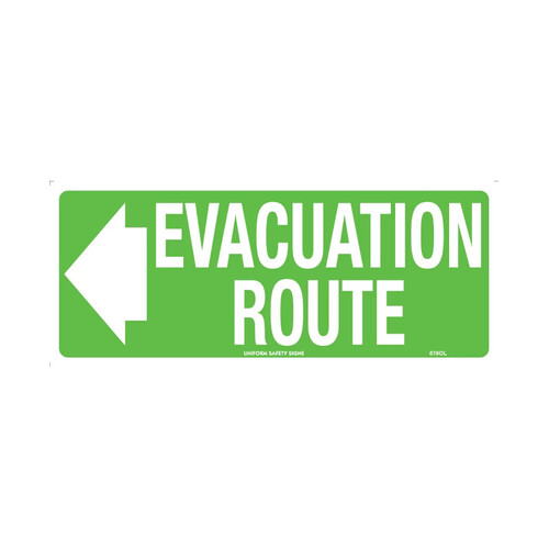 WORKWEAR, SAFETY & CORPORATE CLOTHING SPECIALISTS - 350x145mm - Metal - Luminous - Evacuation Route (with left arrow)