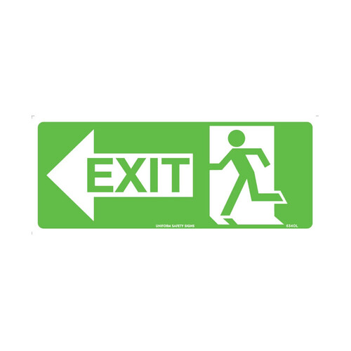 WORKWEAR, SAFETY & CORPORATE CLOTHING SPECIALISTS - 350x145mm - Self Adhesive - Luminous - Running Man With Exit and Left Arrow