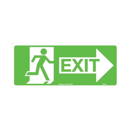 WORKWEAR, SAFETY & CORPORATE CLOTHING SPECIALISTS - 350x145mm - Self Adhesive - Luminous - Running Man With Exit and Right Arrow