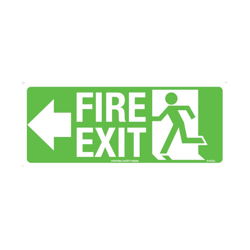 WORKWEAR, SAFETY & CORPORATE CLOTHING SPECIALISTS - 350x145mm - Self Adhesive - Luminous - Fire Exit with Arrow Left