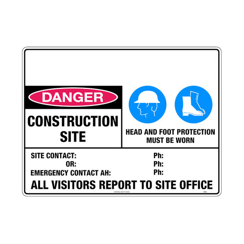 WORKWEAR, SAFETY & CORPORATE CLOTHING SPECIALISTS - 600x400mm - Metal - Danger Construction Site Head and Foot Protection Must Be Worn Etc.