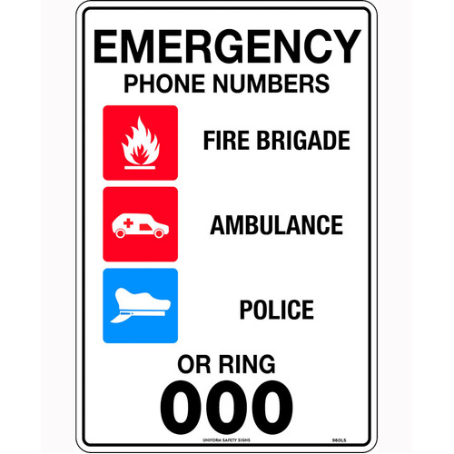 WORKWEAR, SAFETY & CORPORATE CLOTHING SPECIALISTS - 450x300mm - Metal - Emergency Phone Numbers or Ring 000