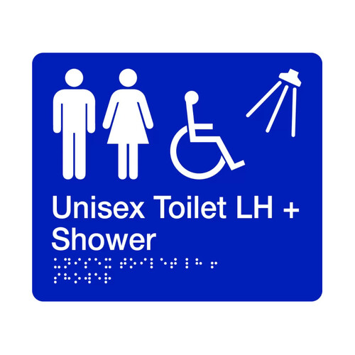 WORKWEAR, SAFETY & CORPORATE CLOTHING SPECIALISTS - 280x220mm - Braille - Blue PVC - Unisex Accessible Toilet and Shower (Left Hand)