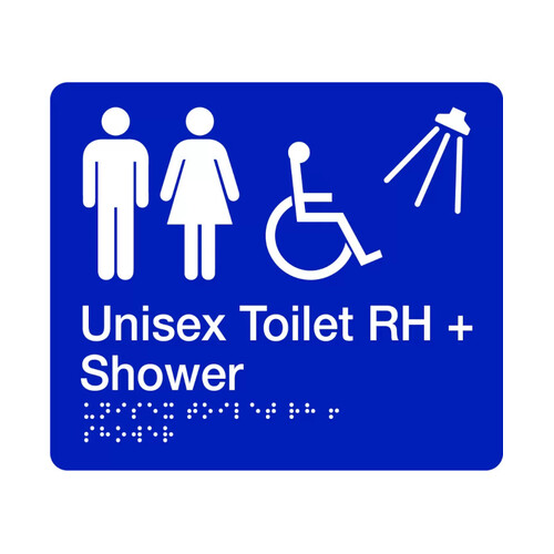 WORKWEAR, SAFETY & CORPORATE CLOTHING SPECIALISTS - 280x220mm - Braille - Blue PVC - Unisex Accessible Toilet and Shower (Right Hand)