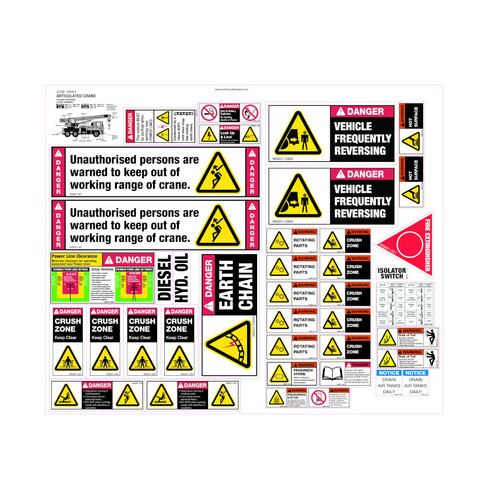 WORKWEAR, SAFETY & CORPORATE CLOTHING SPECIALISTS - 580x730mm - Machinery Sticker Sets - Articulated Crane (39 decals per sheet)