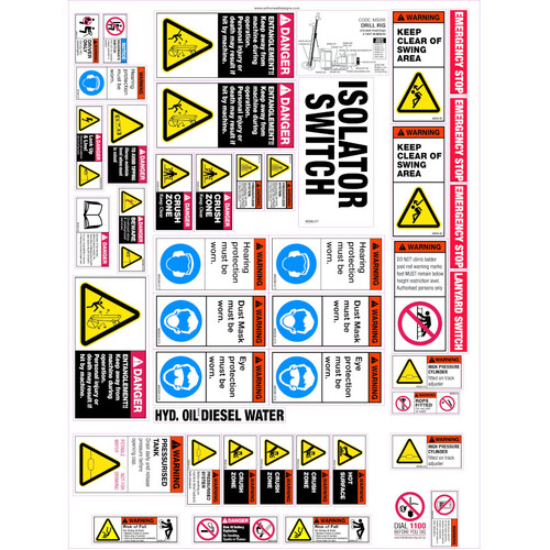 WORKWEAR, SAFETY & CORPORATE CLOTHING SPECIALISTS - 570x750mm - Machinery Sticker Sets - Drill Rig (42 decals per sheet)