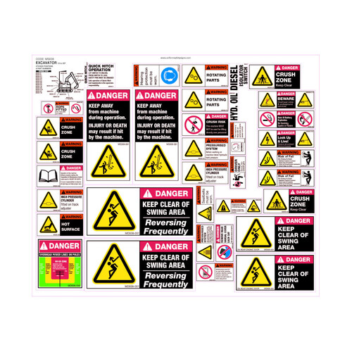 WORKWEAR, SAFETY & CORPORATE CLOTHING SPECIALISTS - 460x560mm - Machinery Sticker Sets - Excavator 13 to 35T (37 decals per sheet)