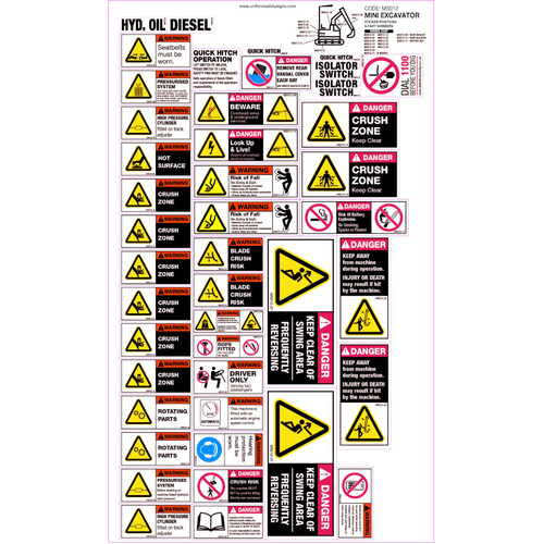 WORKWEAR, SAFETY & CORPORATE CLOTHING SPECIALISTS - 590x560mm - Machinery Sticker Sets - Mini Excavator (35 decals per sheet)