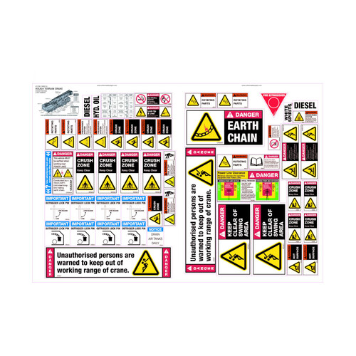 WORKWEAR, SAFETY & CORPORATE CLOTHING SPECIALISTS - 585x850mm - Machinery Sticker Sets - Rough Terrain Crane (50 decals per sheet)