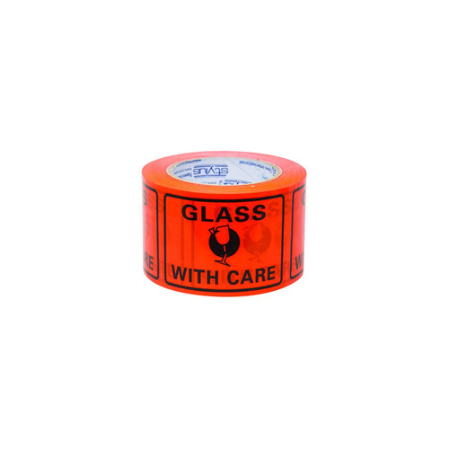 WORKWEAR, SAFETY & CORPORATE CLOTHING SPECIALISTS - 100x75mm Perforated Packaging Labels - Glass With Care (roll 500)