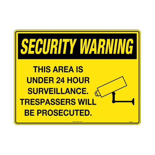 WORKWEAR, SAFETY & CORPORATE CLOTHING SPECIALISTS - 600x400mm - Metal - Security Warning This Area is under 24 Hour Surveillance.  Trespassers will be P