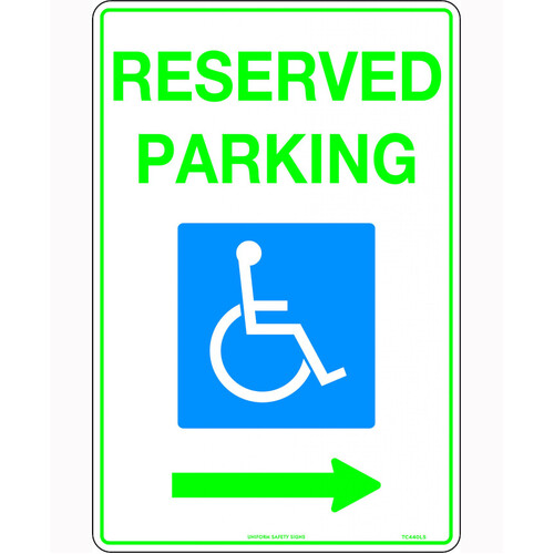 WORKWEAR, SAFETY & CORPORATE CLOTHING SPECIALISTS - 450x300mm - Metal - Reserved Parking (Disabled Picto and Right Arrow)