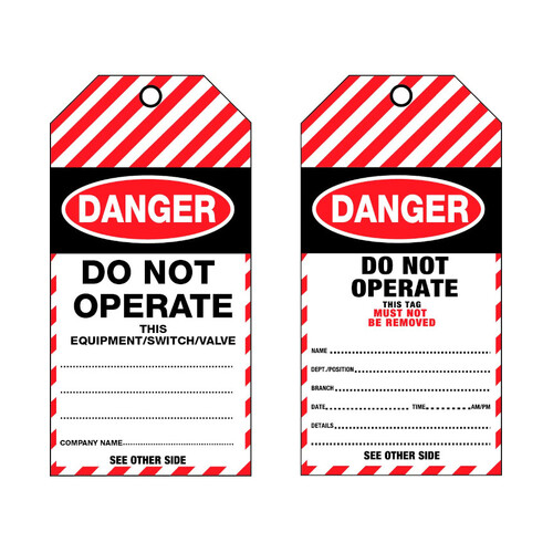 WORKWEAR, SAFETY & CORPORATE CLOTHING SPECIALISTS - 75x160mm - Cardboard Tags - Pkt of 25 - Danger Do Not Operate This Equipment/Switch/Valve