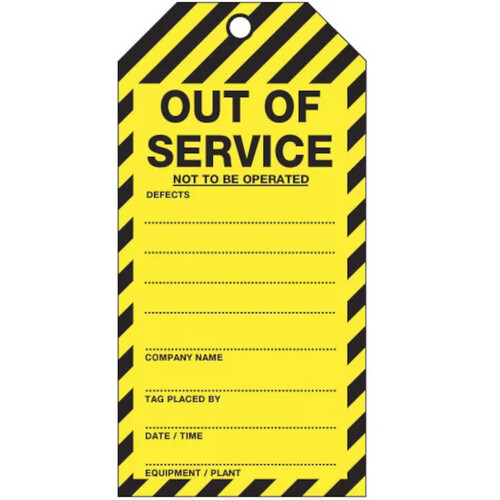 WORKWEAR, SAFETY & CORPORATE CLOTHING SPECIALISTS - 75x160mm - Cardboard Tags - Pkt of 25 - Out of Service Not To Be Operated