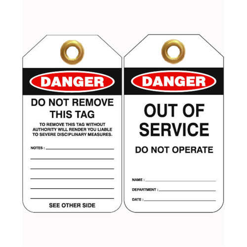 WORKWEAR, SAFETY & CORPORATE CLOTHING SPECIALISTS 80x140mm -  Heavy Duty PVC Tags - Pkt of 25 - Danger Out Of Service Do Not Operate