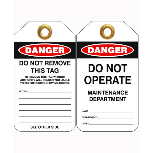 WORKWEAR, SAFETY & CORPORATE CLOTHING SPECIALISTS 80x140mm -  Heavy Duty PVC Tags - Pkt of 25 - Do Not Operate Maintenance Department