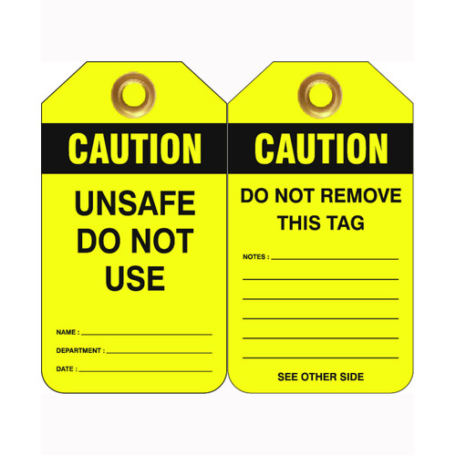 WORKWEAR, SAFETY & CORPORATE CLOTHING SPECIALISTS 80x140mm -  Heavy Duty PVC Tags - Pkt of 25 - Caution Unsafe Do Not Use